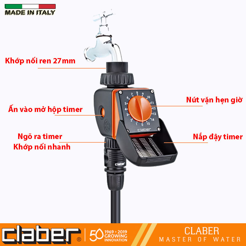 Bộ Hẹn Giờ Tưới Cây Tự Động 15 Kênh Vặn Claber Aquauno Logica 8422, ngõ vào ren 27mm, dùng pin 9V, 2 lần tưới trong ngày