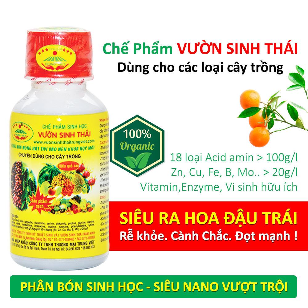 Phân bón lá sinh học VƯỜN SINH THÁI. Giúp rễ khỏe, cành chắc, đọt mạnh, ra hoa đậu trái nhiều. Ức chế sâu, bệnh hại. 1 chai phun 7000m2. Chiết xuất 100% từ Thiên Nhiên. HSD: 4 năm