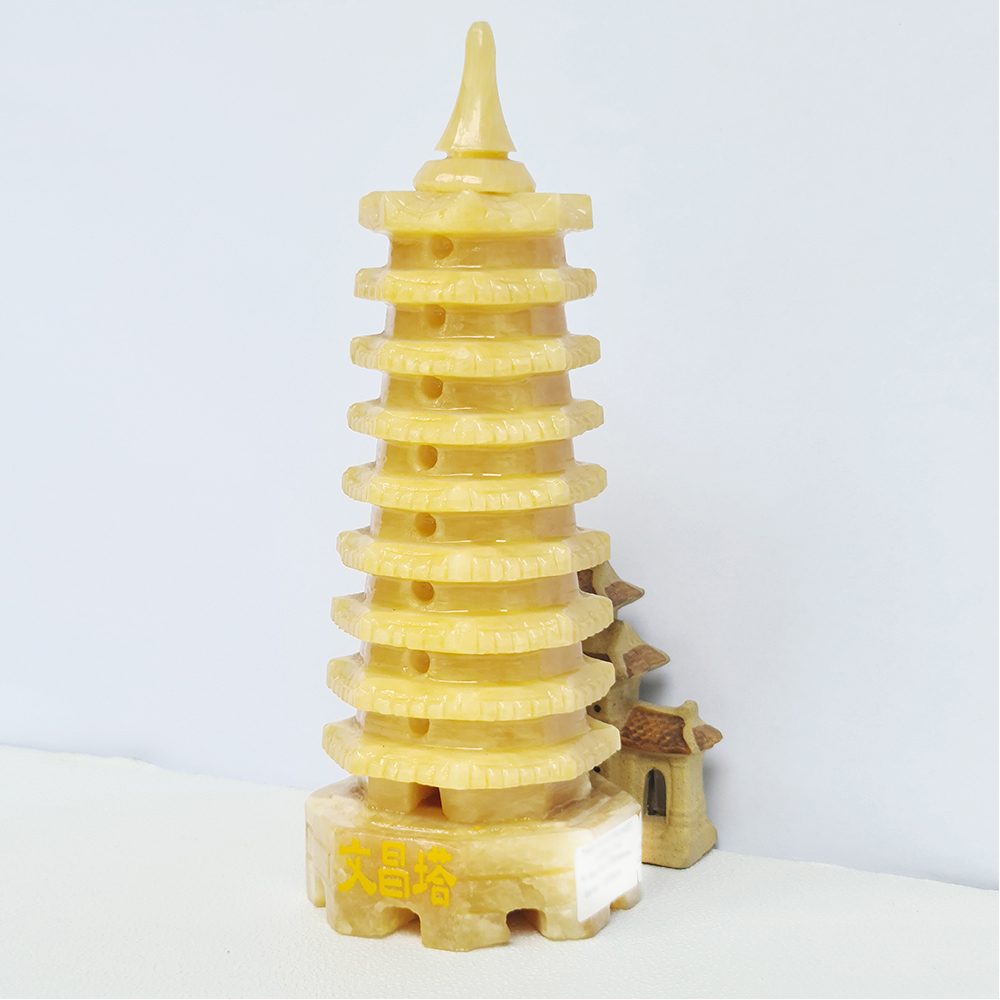 Tháp Văn Xương Đá Ngọc Hoàng Long Vàng 9 Tầng - 19cm - Hợp Mệnh Kim, Thổ