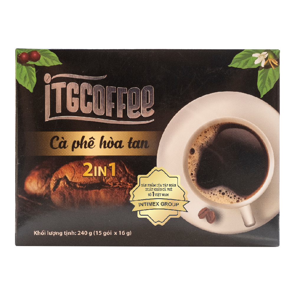 Cà phê hòa tan ITGCOFFEE 2in1 - Cà phê đen, uống nóng/lạnh, có đường - Hộp 15 gói x 16g - Hương mạnh mẽ, vị đậm đà chuẩn gu Việt