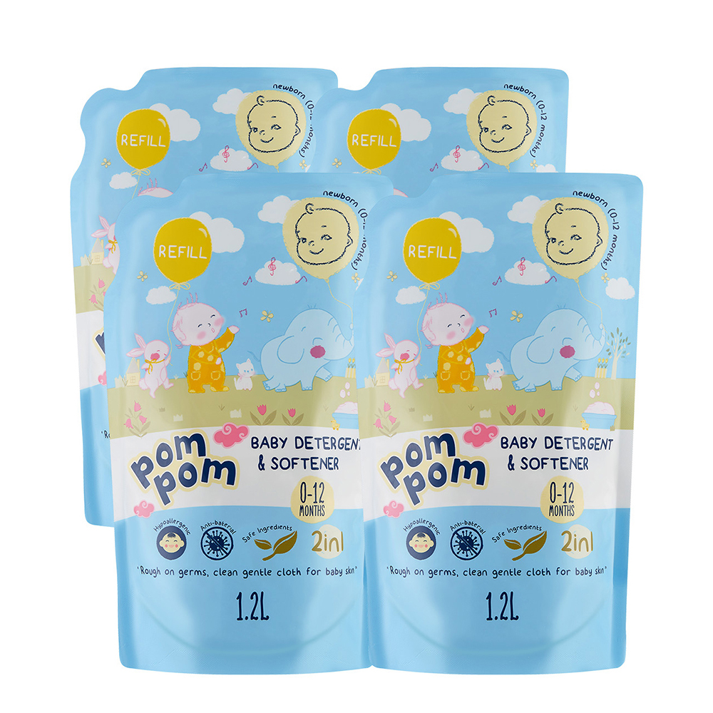 Nước Giặt Xả Pom Pom Newborn chuyên biệt dành cho bé sơ sinh (0-12 tháng) - Thùng 4 Túi 1,2L