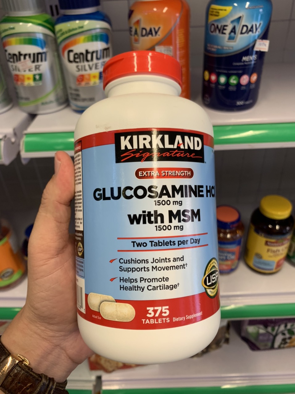 Thực phẩm bổ sung Glucosamine &amp; MSM  1500mg 375 viên Kirkland nhập Mỹ - Mẫu mới ( Viên vàng)