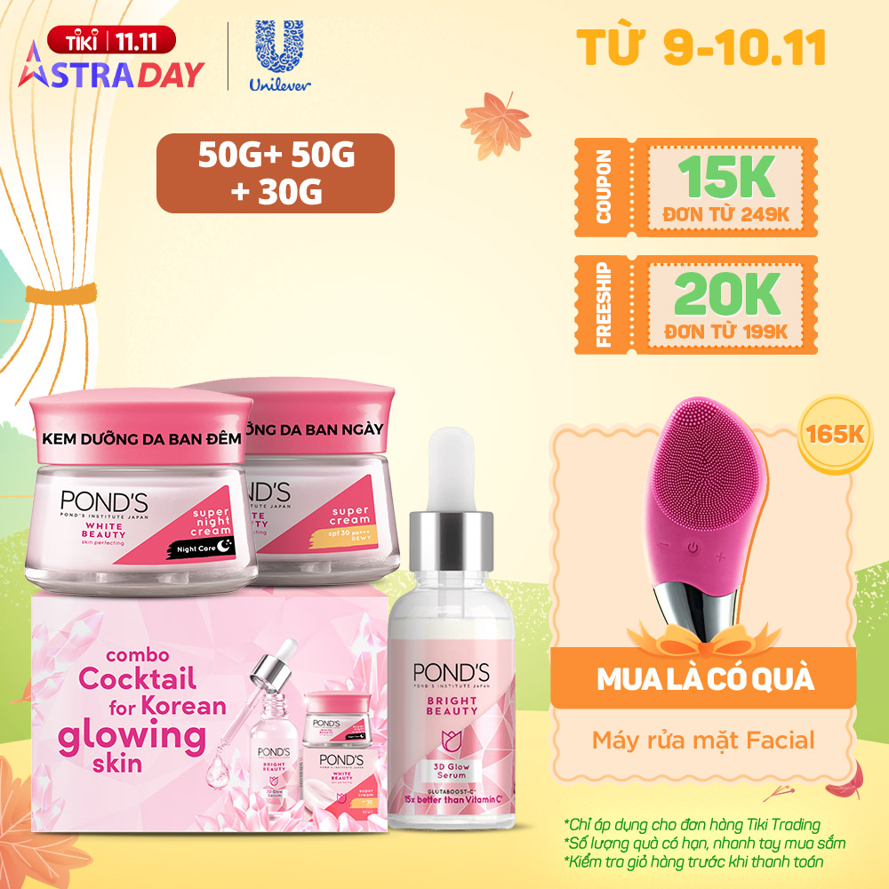 Combo Serum Dưỡng Sáng Mờ Thâm 3D Glow và Kem Dưỡng Ẩm Ngày Đêm Pond's Bright Beauty 30G &amp; 45G x2