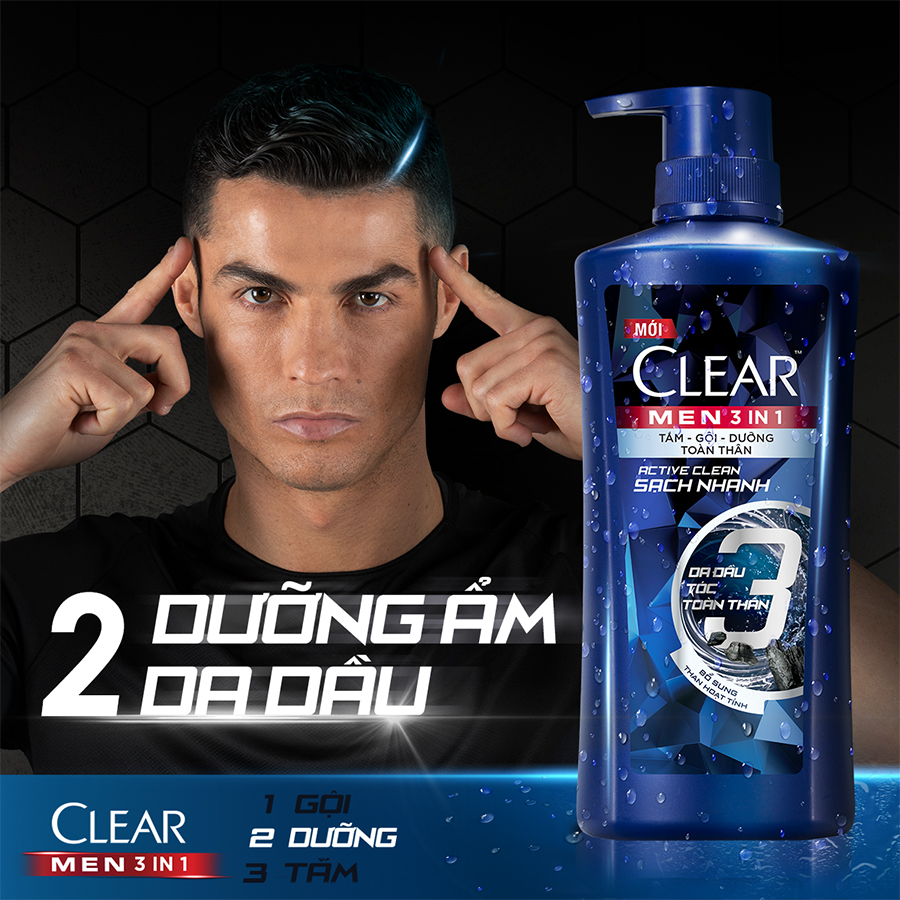 Dầu Tắm - Gội - Dưỡng Sạch Sâu 3 Trong 1 Cho Nam Clear Men Active Clean Sạch Nhanh Bổ Sung Tinh Thể Bạc Hà Mát Lạnh 630g