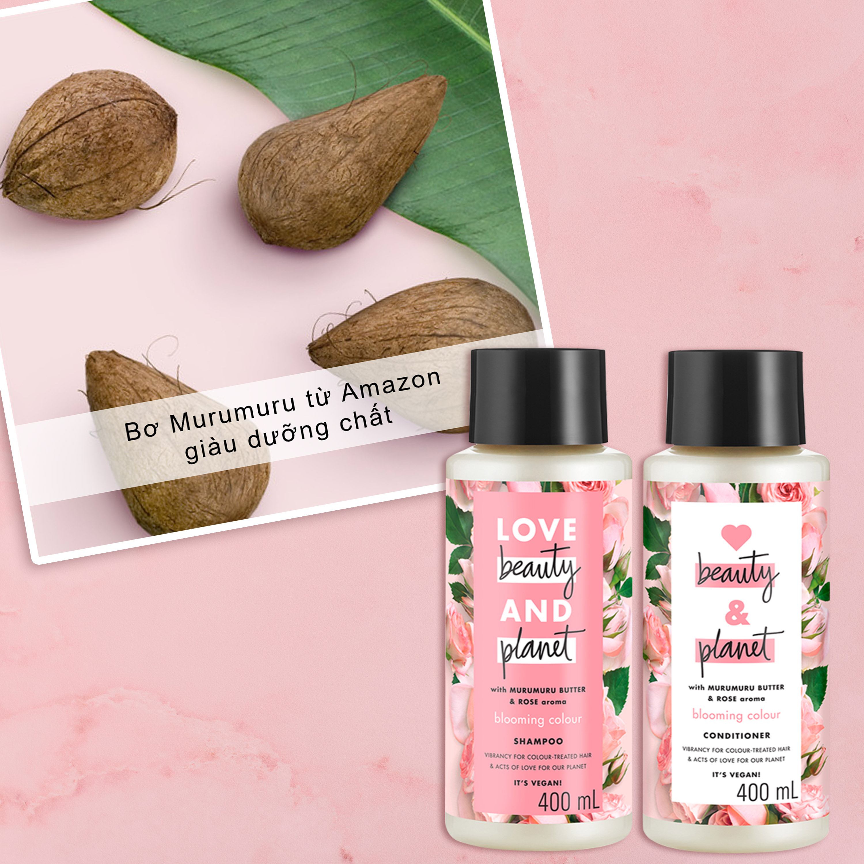 Combo 400ml x2 Dầu Gội Và Dầu Xả Love Beauty And Planet Óng Mượt Rạng Rỡ Với 100% Tinh Dầu Hoa Hồng Bulgaria Và Bơ Murumuru