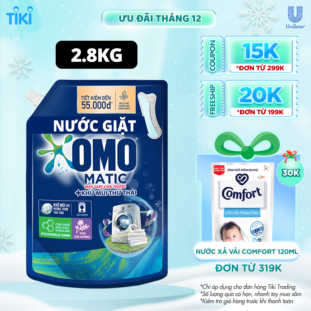 Túi Nước Giặt Omo Matic Cho Máy Giặt Cửa Trước Hương Lavender Khử MùI Thư TháI 2.8Kg