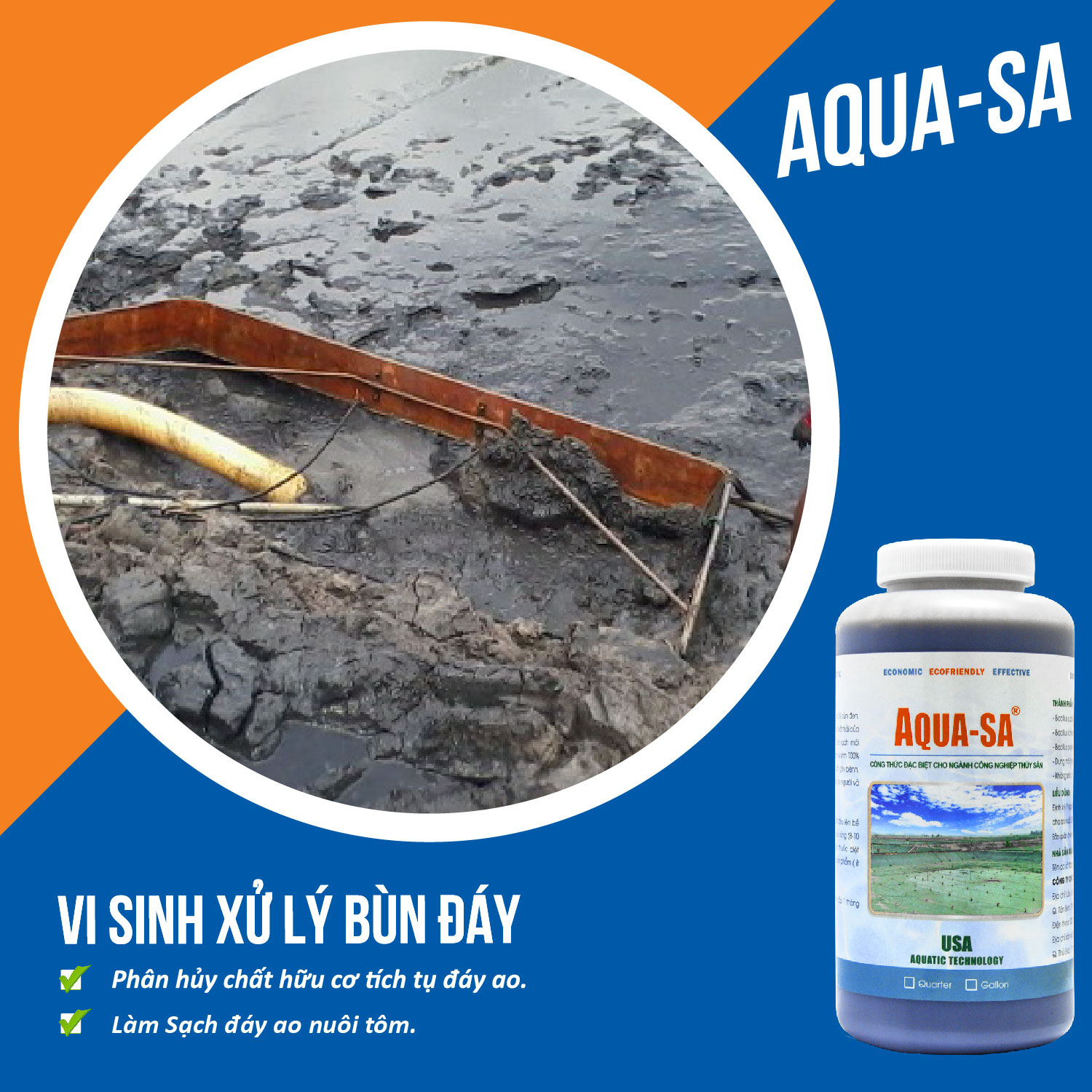 AQUA-SA - Vi sinh xử lý bùn đáy ao nuôi trồng thủy sản - Chai 1 quarter (≈ 1 lít)