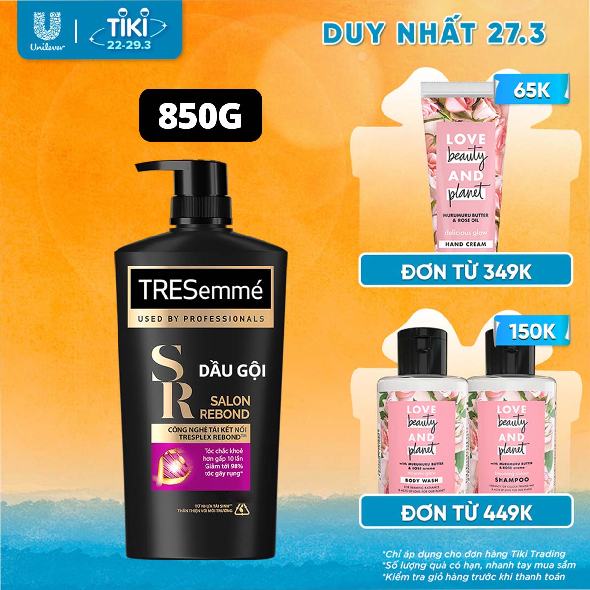 Dầu gội TRESEMME Salon Rebond dưỡng tóc hư tổn với Công nghệ Tái kết nối Keratin ngăn gãy rụng đến 98% 850g