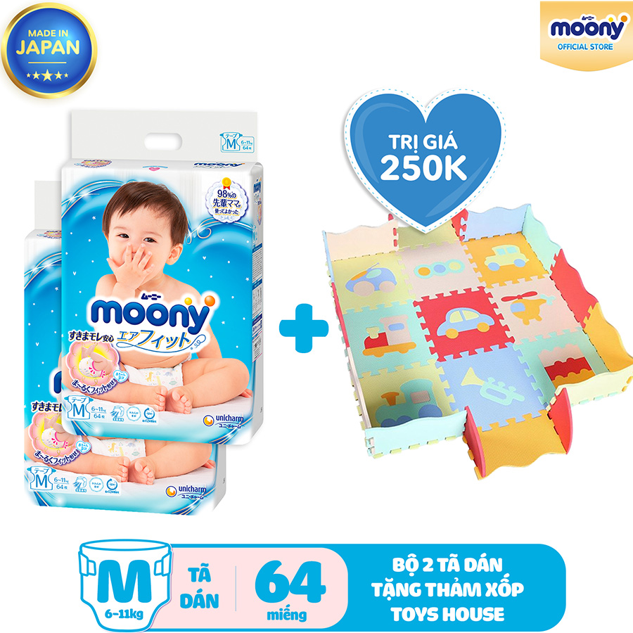 Combo 2 Gói Tã Dán Cao Cấp Moony Nhật Bản M64 (64 Miếng) - Tặng 1 Thảm Xốp Quây