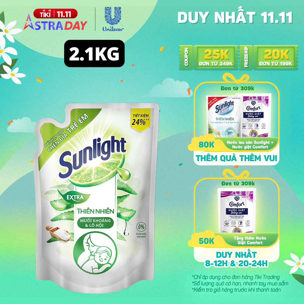 Nước rửa chén Sunlight Thiên Nhiên an toàn cho chén đĩa trẻ em với chiết xuất Lô Hội và Muối khoáng túi 2.1kg