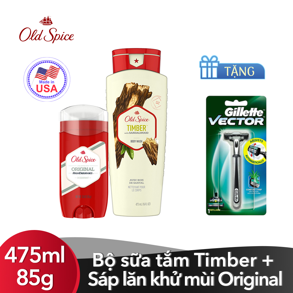 Bộ sữa tắm Old Spice Timber 475ml + Sáp lăn khử mùi Old Spice Original 85g [Tặng kèm Dao cạo Gillette Vector]