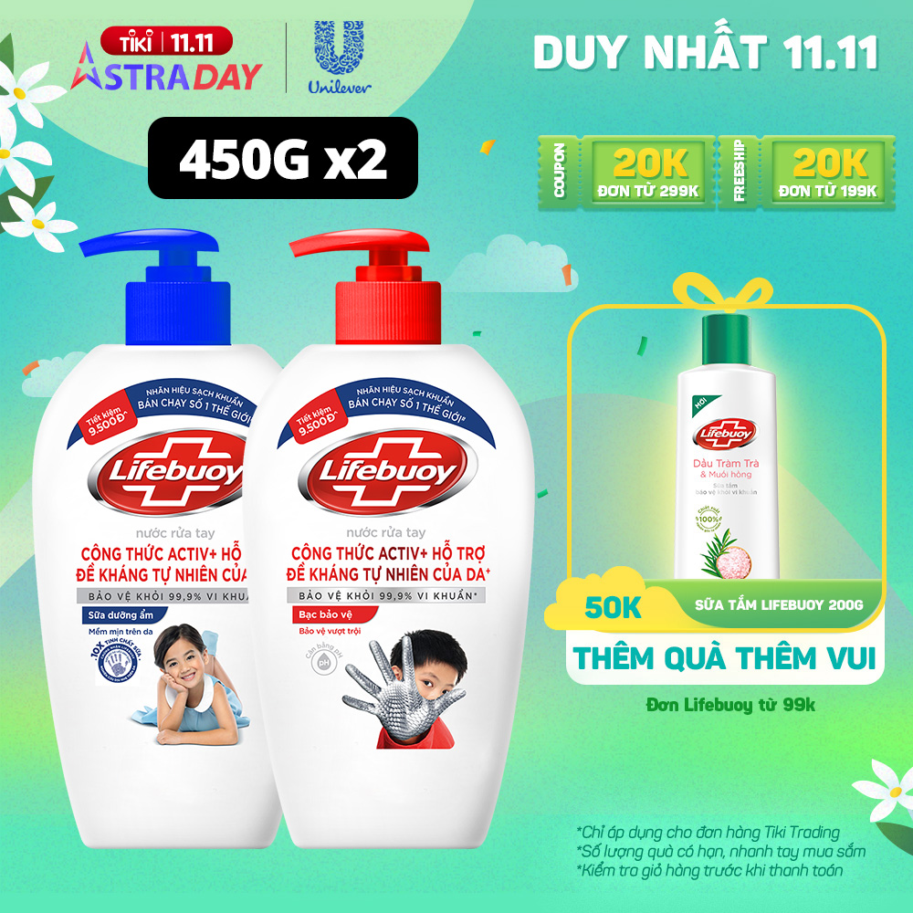 Combo 2 Nước rửa tay sạch khuẩn Lifebuoy Bạc Bảo Vệ và Sữa Dưỡng Ẩm Chai 450G