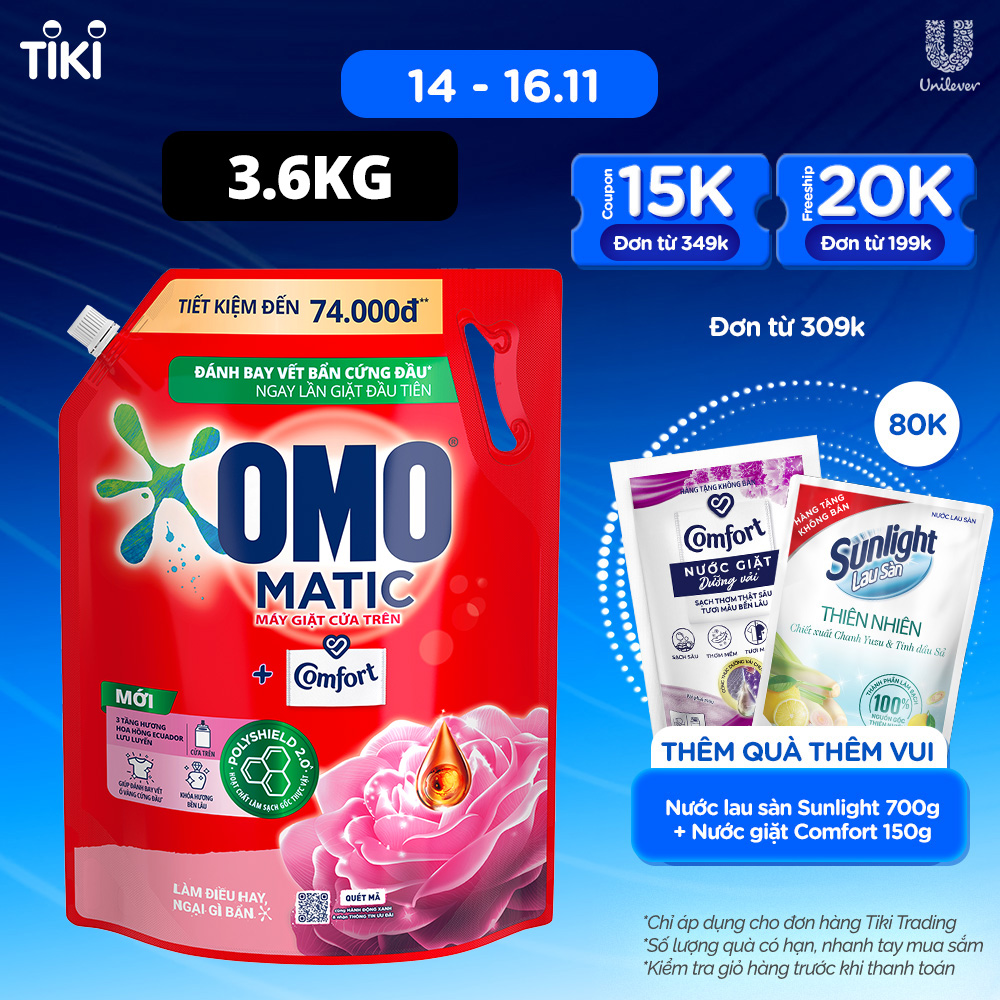 Túi Nước giặt OMO Matic Comfort Hương Hoa Hồng Ecuador cho máy giặt cửa trên 3.6kg