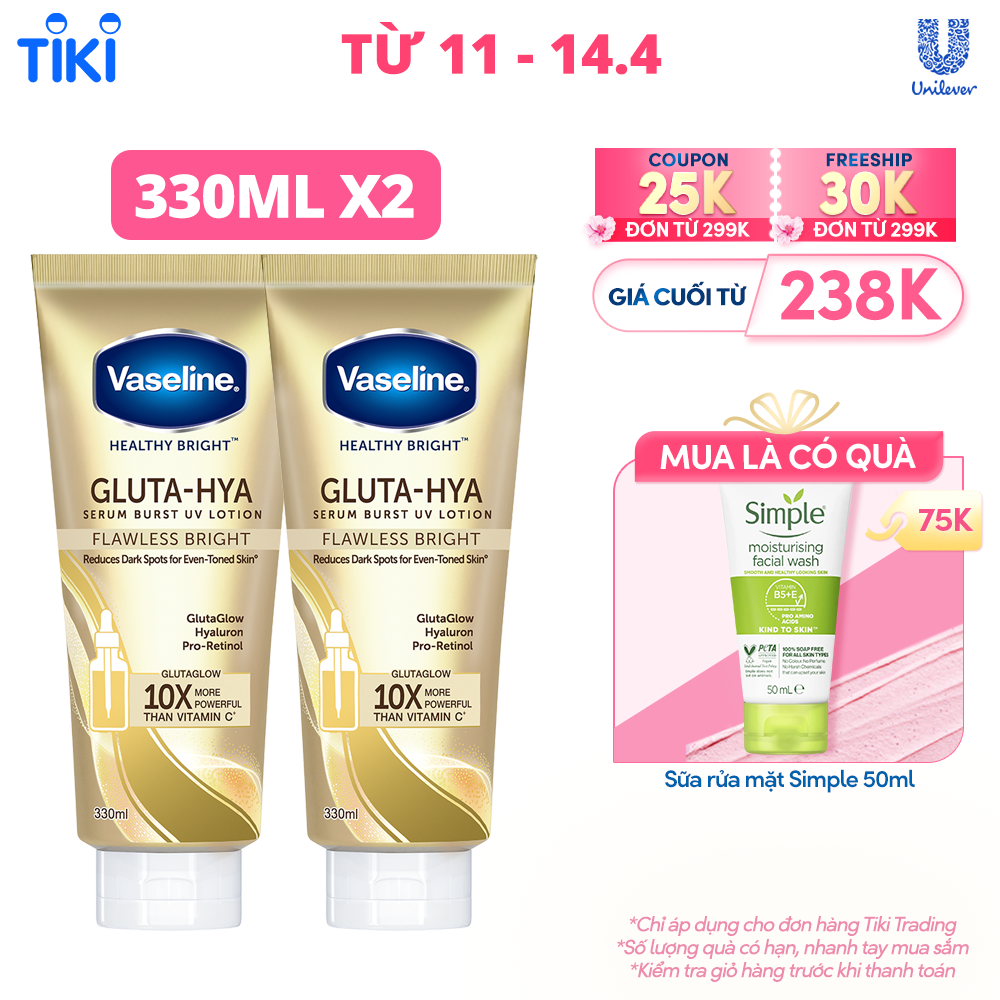 Combo 2 Sữa dưỡng thể Vaseline Gluta-Hya Dưỡng Da Sáng Mịn Sau 7 Ngày Bảo vệ, dưỡng sáng mịn 330 ML