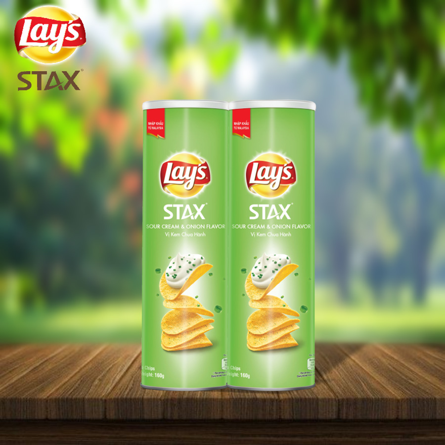 Combo 2 Bánh Snack Khoai Tây Ống Lay's Stax Vị Kem Chua Hành 160g (Size lớn) - Nhập khẩu từ Malaysia