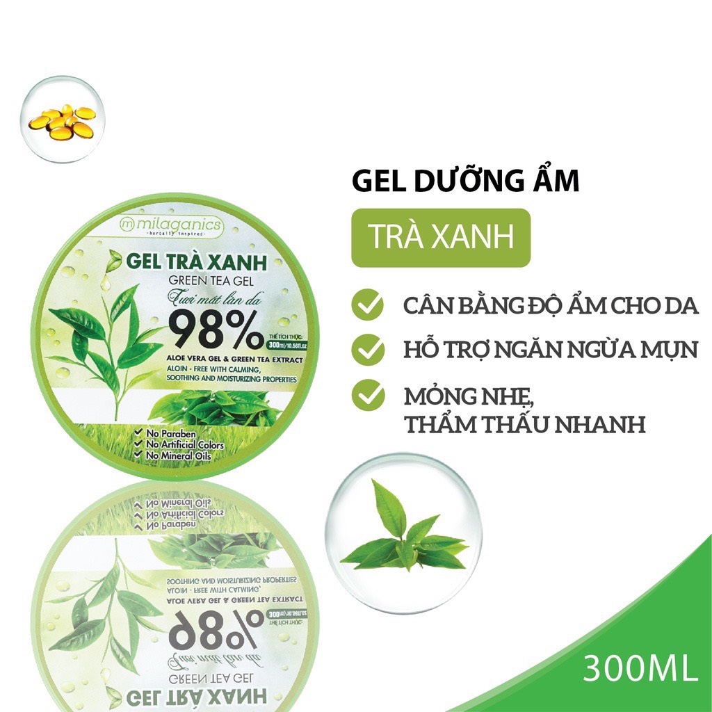 Gel Trà Xanh Tươi Mát Làn Da Milaganics (300ml / Hộp)