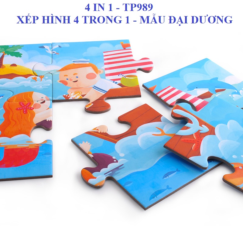 Bộ xếp hình 4 trong 1 từ cấp độ dễ đến khó cho bé làm quen với Puzzle từ 2 tuổi - hãng MIDEER TOI WORLD 4in1 puzzle nhiều chủ đề