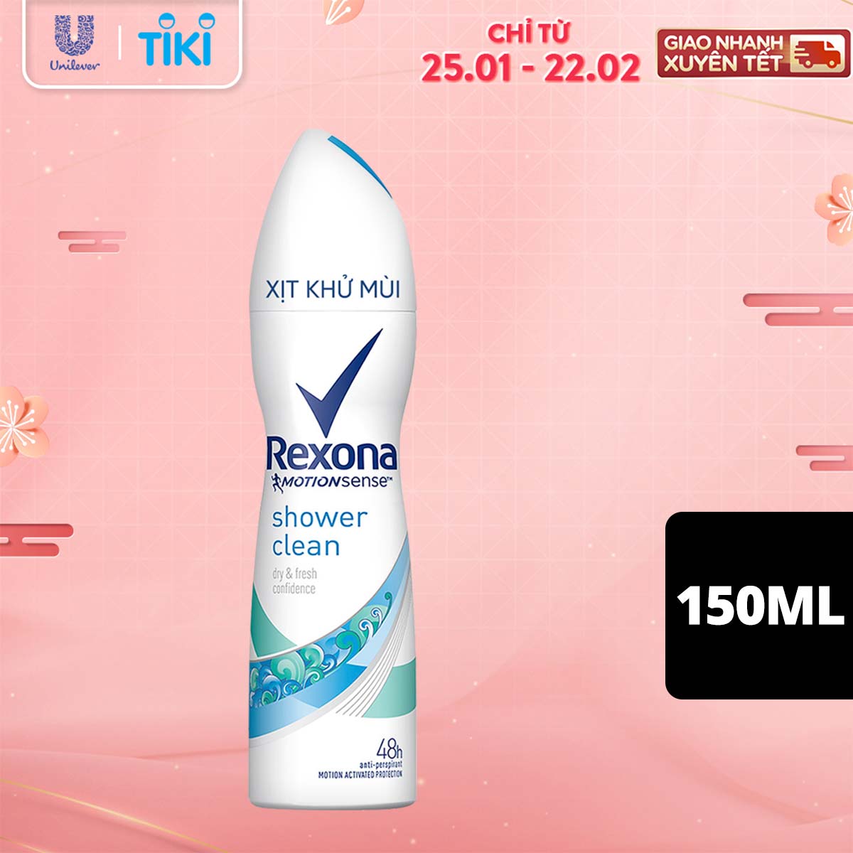 Xịt khử mùi Rexona Shower Clean khô thoáng tối ưu mát lạnh sảng khoái dành cho nữ, 150ml