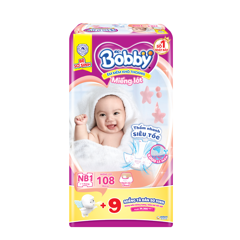 Tã giấy Bobby Newborn 1-108 + 9 Miếng Tã Dán Sơ Sinh