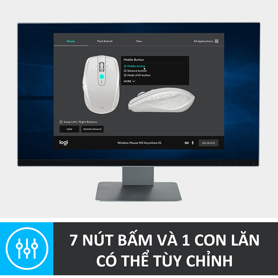 Chuột không dây Bluetooth Logitech MX Anywhere 2s - nhỏ gọn, dùng mọi bề mặt, con lăn HyperFast, sạc nhanh USB-A, phù hợp Mac/ Laptop - Hàng chính hãng