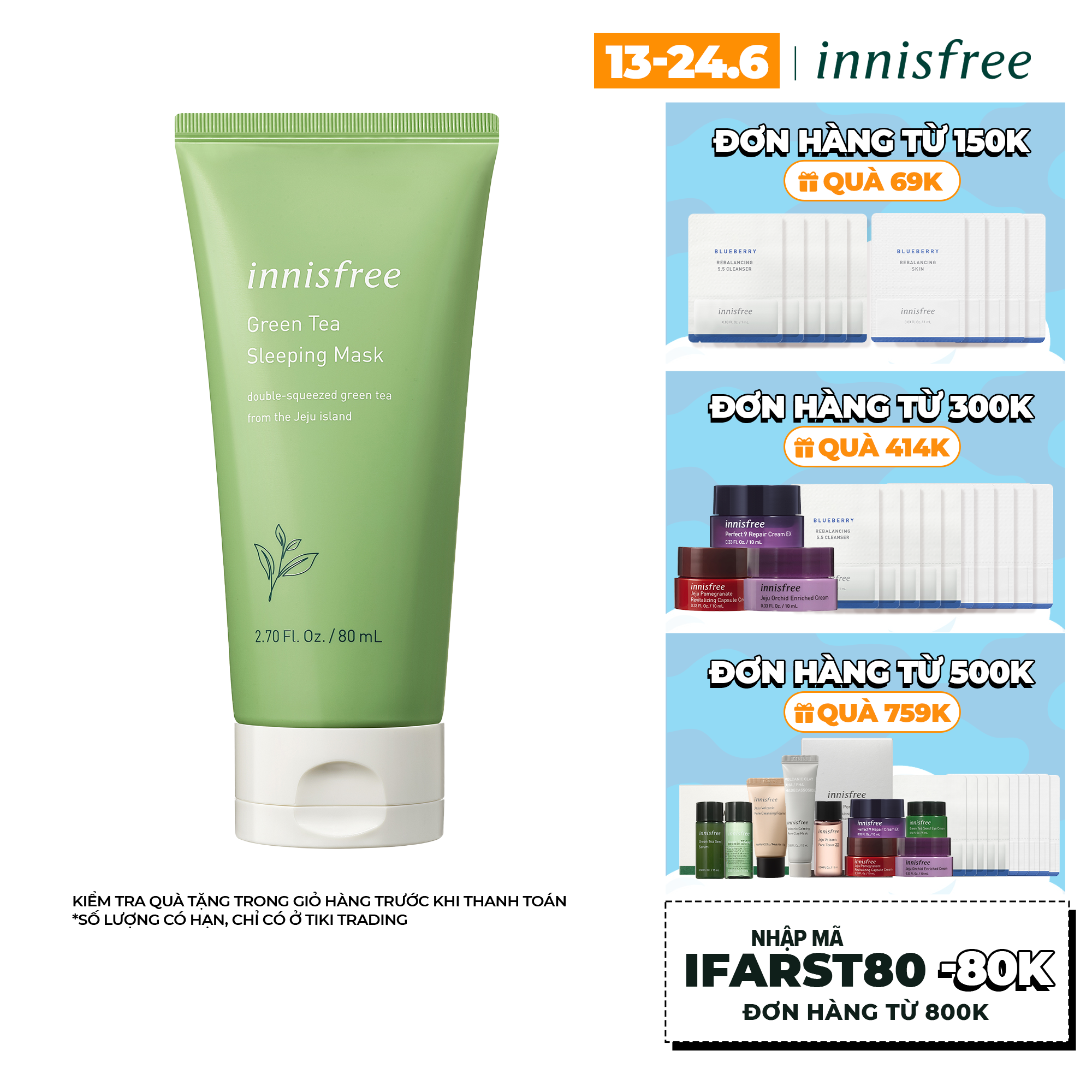 Mặt nạ ngủ dưỡng ẩm từ trà xanh đảo Jeju Innisfree Green Tea Sleeping Mask 80ml - NEW