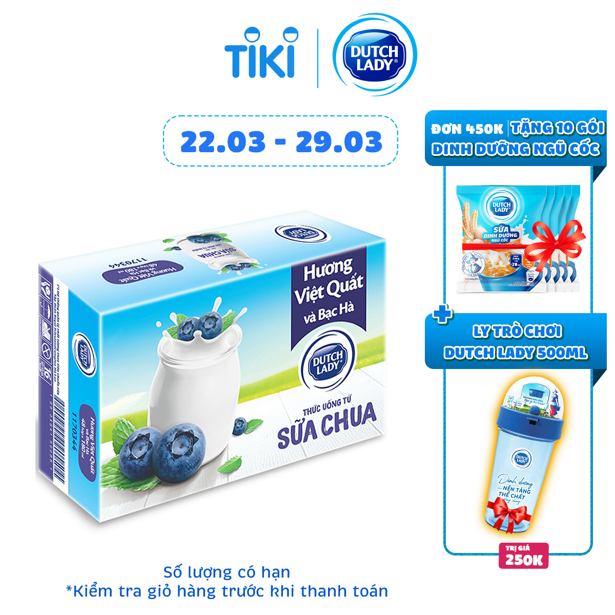 Thùng Sữa Chua Uống Lên Men Tự Nhiên Dutch Lady Hương Việt Quất Và Bạc Hà (48 hộp x 180ml)