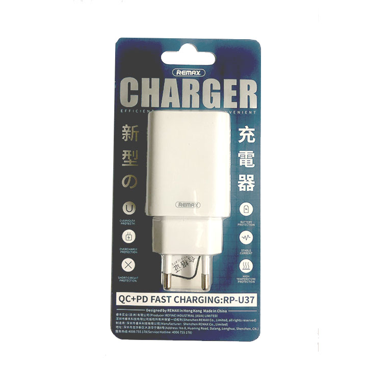 Sạc nhanh Remax RP-U37 2 cổng USB tích hợp QC 3.0 và PD 18W Sạc nhanh cho iPhone - Hàng nhập khẩu