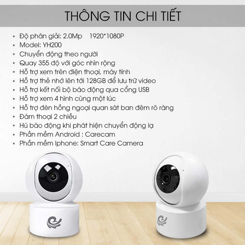 [ KÈM THẺ 16GB ] Camera WIFI YH200 Trong Nhà Full HD 2.0Mpx- Góc Nhìn Rộng - Có Đèn Hồng Ngoại - Hú Báo Động - Nhập Khẩu