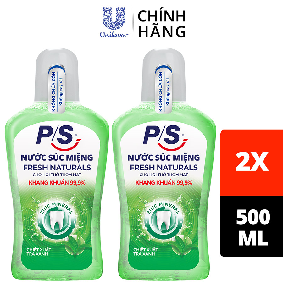 Combo 2 Nước Súc Miệng P/S Trà Xanh Zinc Mineral Không Cồn Không Cay Rát Kháng Khuẩn 99.9% Hơi Thở Thơm Mát 500Ml/Chai