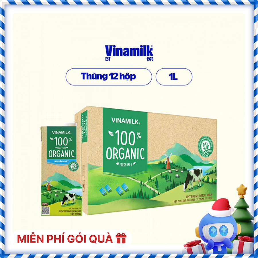 Thùng 12 Hộp Sữa Tươi Tiệt Trùng Vinamilk 100% Organic Không Đường (1lít)