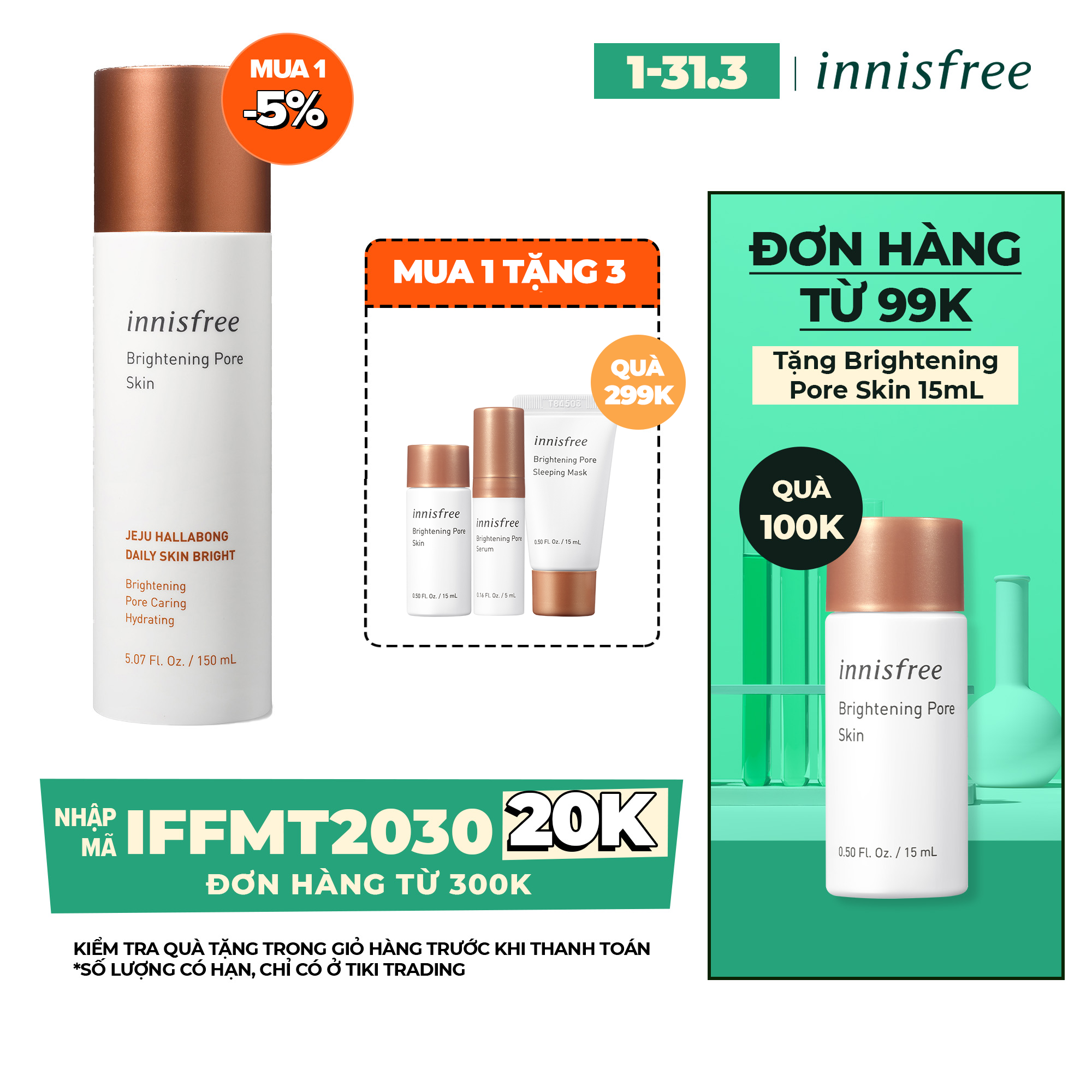 Nước Cân Bằng Dưỡng Sáng Da 3 Trong 1 Innisfree Brightening Pore Skin (150ml)