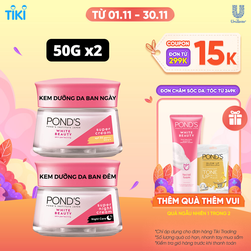 (Mẫu mới) Bộ Đôi Kem Dưỡng Da Ngày Và Đêm Trắng Hồng Rạng Rỡ Pond's White Beauty (45g)