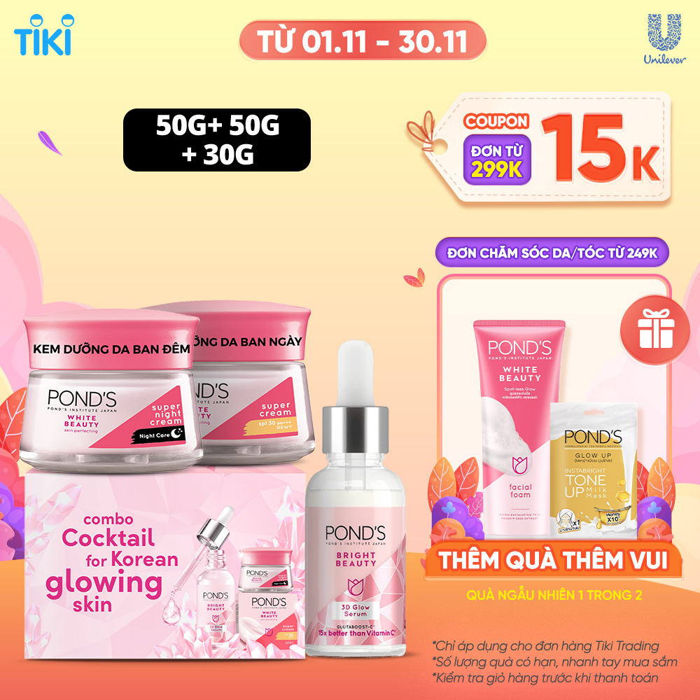 Combo Serum Dưỡng Sáng Mờ Thâm 3D Glow và Kem Dưỡng Ẩm Ngày Đêm Pond's Bright Beauty 30G &amp; 45G x2