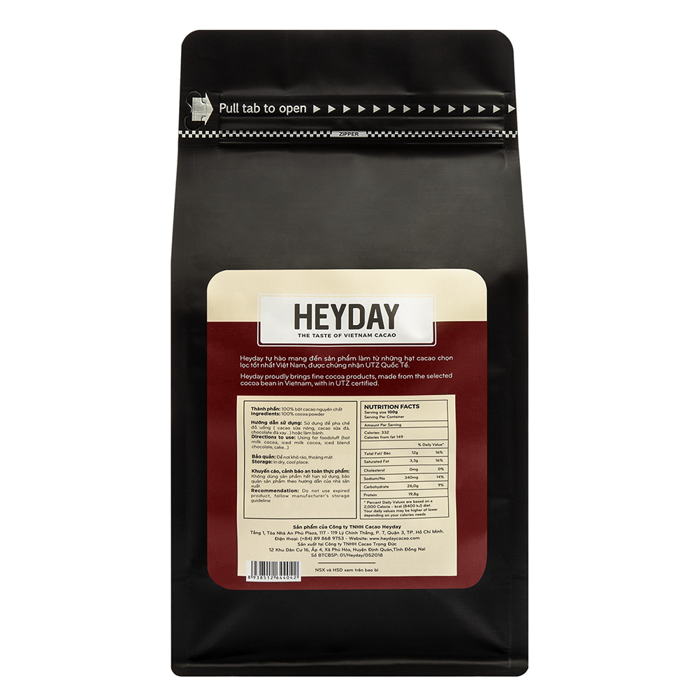 Bột cacao nguyên chất 100% Việt Nam - Dòng Balanced phổ thông túi 500g - Chuyên dùng làm bánh, pha chế cho quán cà phê - Heyday Cacao