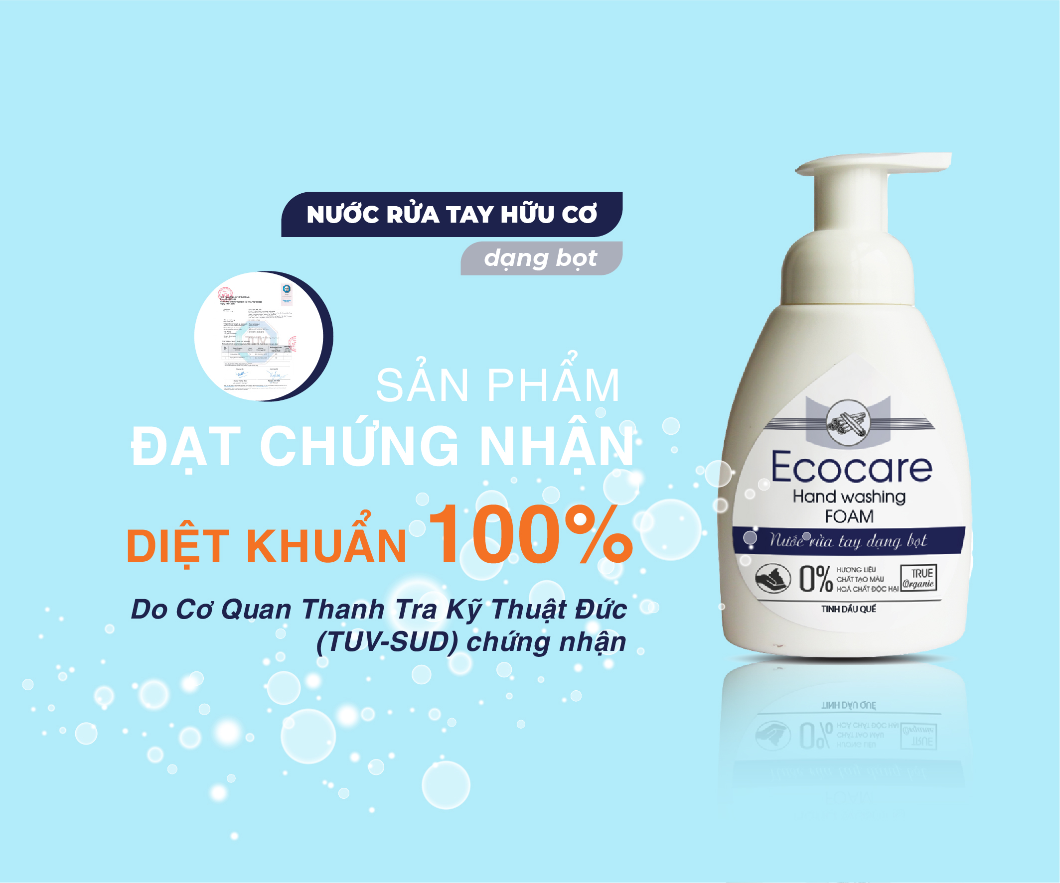 Nước rửa tay hữu cơ diệt khuẩn dạng bọt tinh dầu Quế 250ml thương hiệu Ecocare