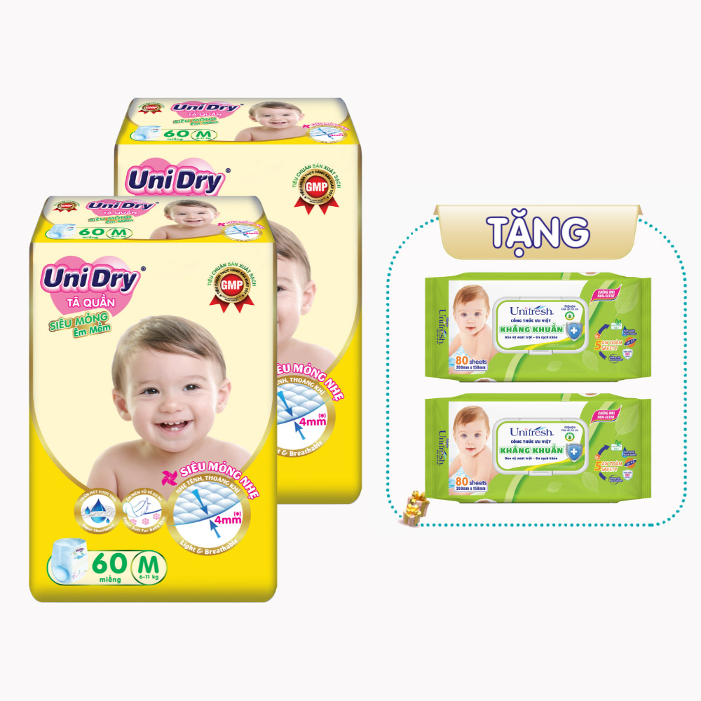 Combo 2 tã quần em bé siêu mỏng UniDry - Tặng 2 gói khăn ướt Unifresh Aloevera 80M