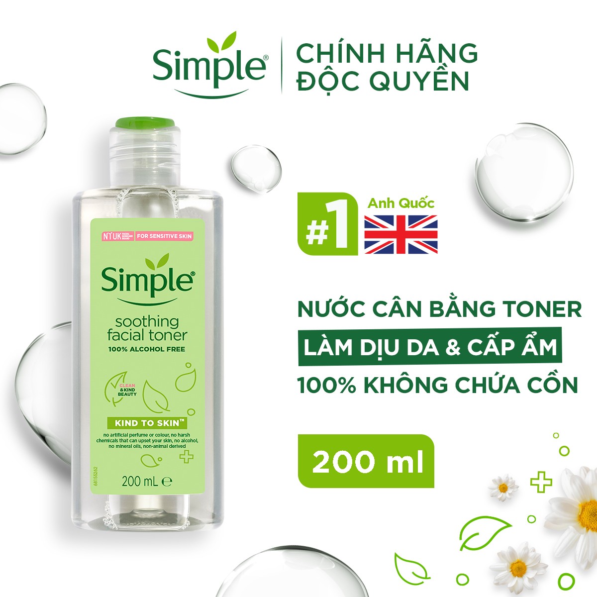 Nước hoa hồng Simple Toner làm dịu và cân bằng độ ẩm cho da - lành tính không chứa cồn 200ml [Chính hãng độc quyền]