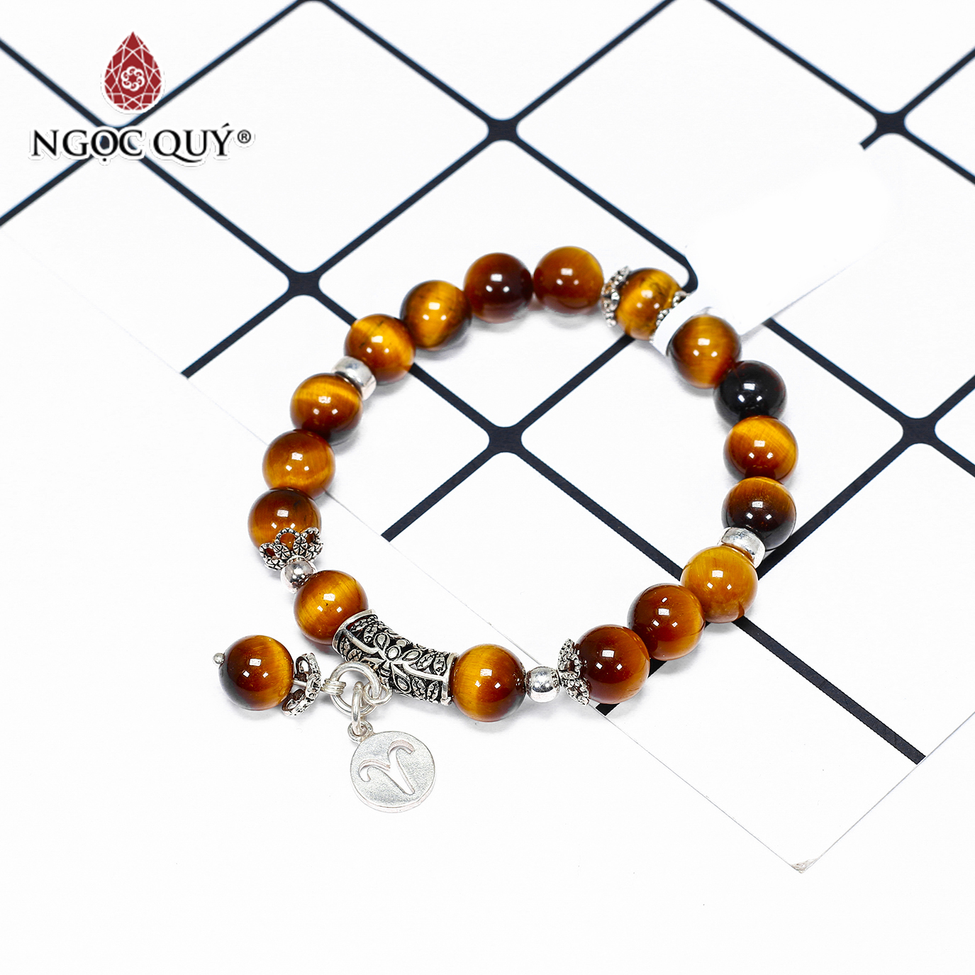 Vòng tay đá mắt hổ vàng nâu charm 12 cung hoàng đạo bạc size hạt 8mm - Ngọc Quý Gemstones