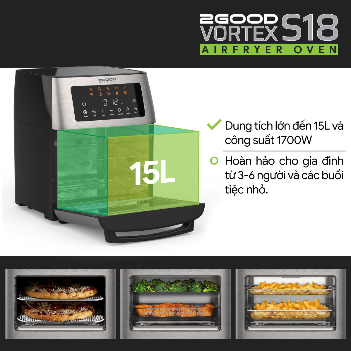 Nồi Chiên Không Dầu 2GOOD Vortex S-18 Air Fryer Oven - Hàng Chính Hãng