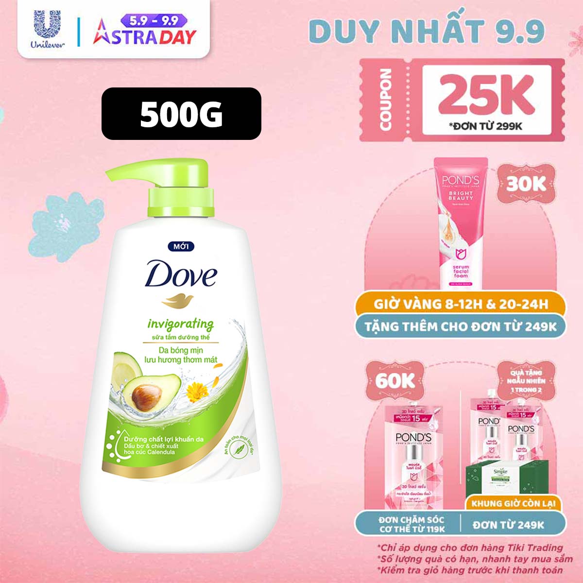 Sữa tắm dưỡng thể Dove Invigorating Da bóng mịn thơm mát với dầu bơ và hoa cúc Calendular 500g