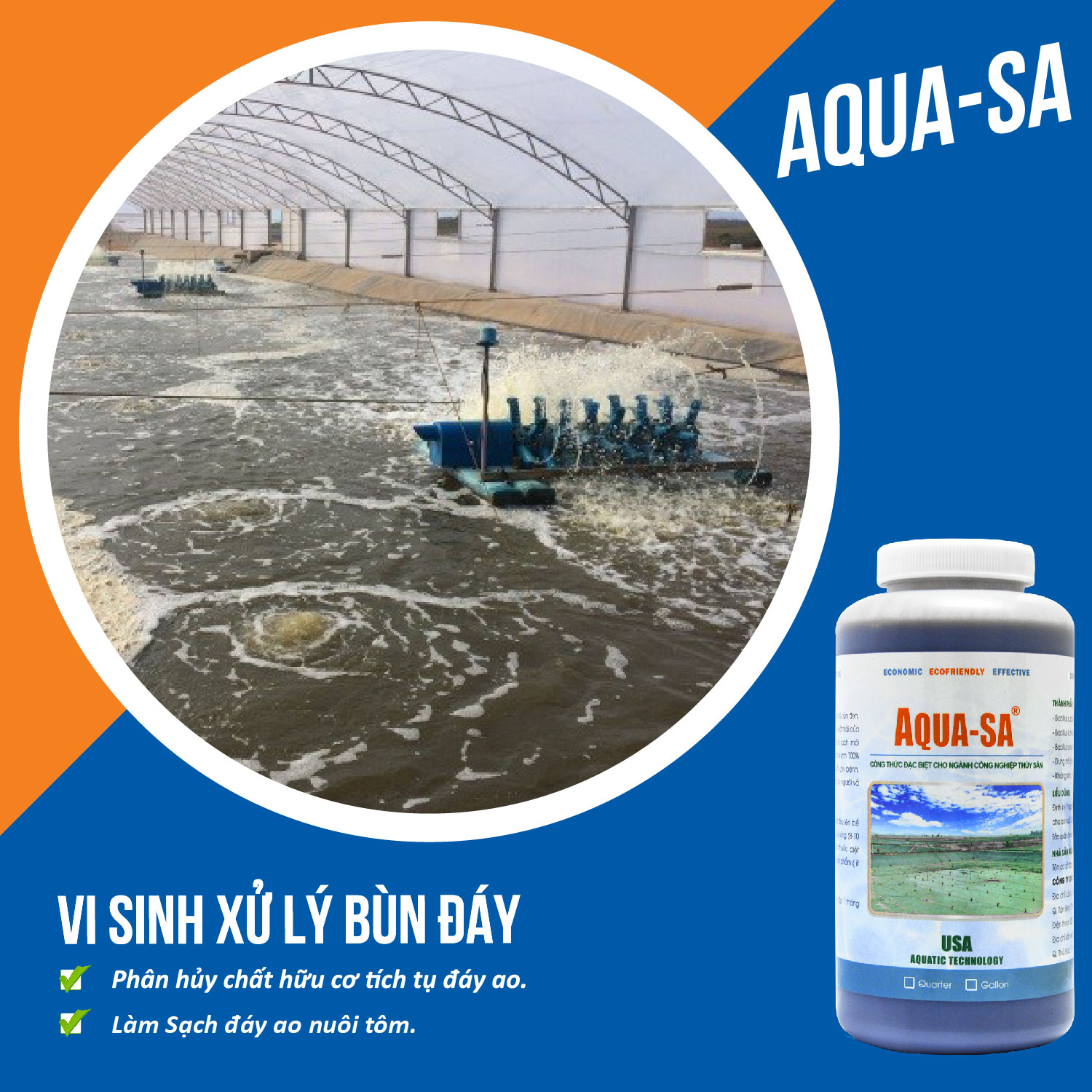 AQUA-SA - Vi sinh xử lý bùn đáy ao nuôi trồng thủy sản - Chai 1 quarter (≈ 1 lít)