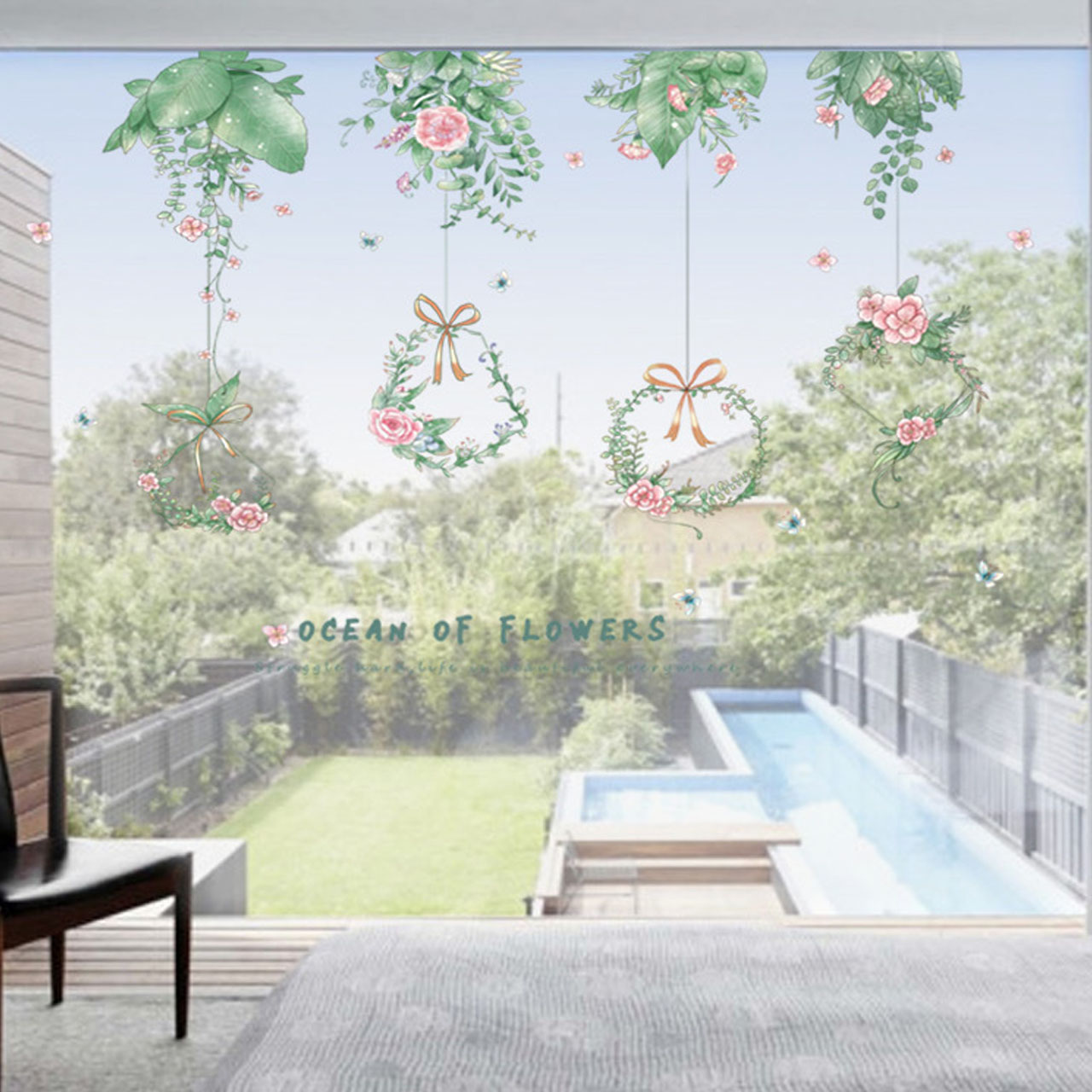 Decal dán tường trang trí phòng ngủ, phòng khách- Lá treo giỏ hoa-mã sp XC9053