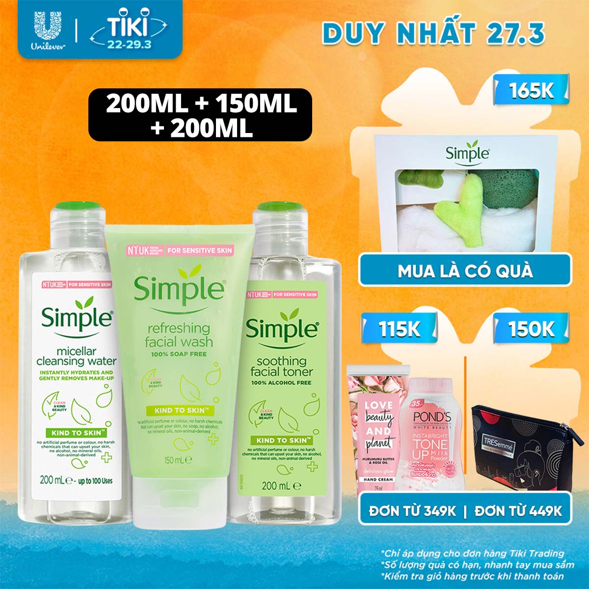 Combo Simple Tẩy trang Micellar 200ml + Sữa rửa mặt 150ml + Nước hoa hồng Toner 200ml cho da sạch khỏe đàn hồi [Chính hãng độc quyền]