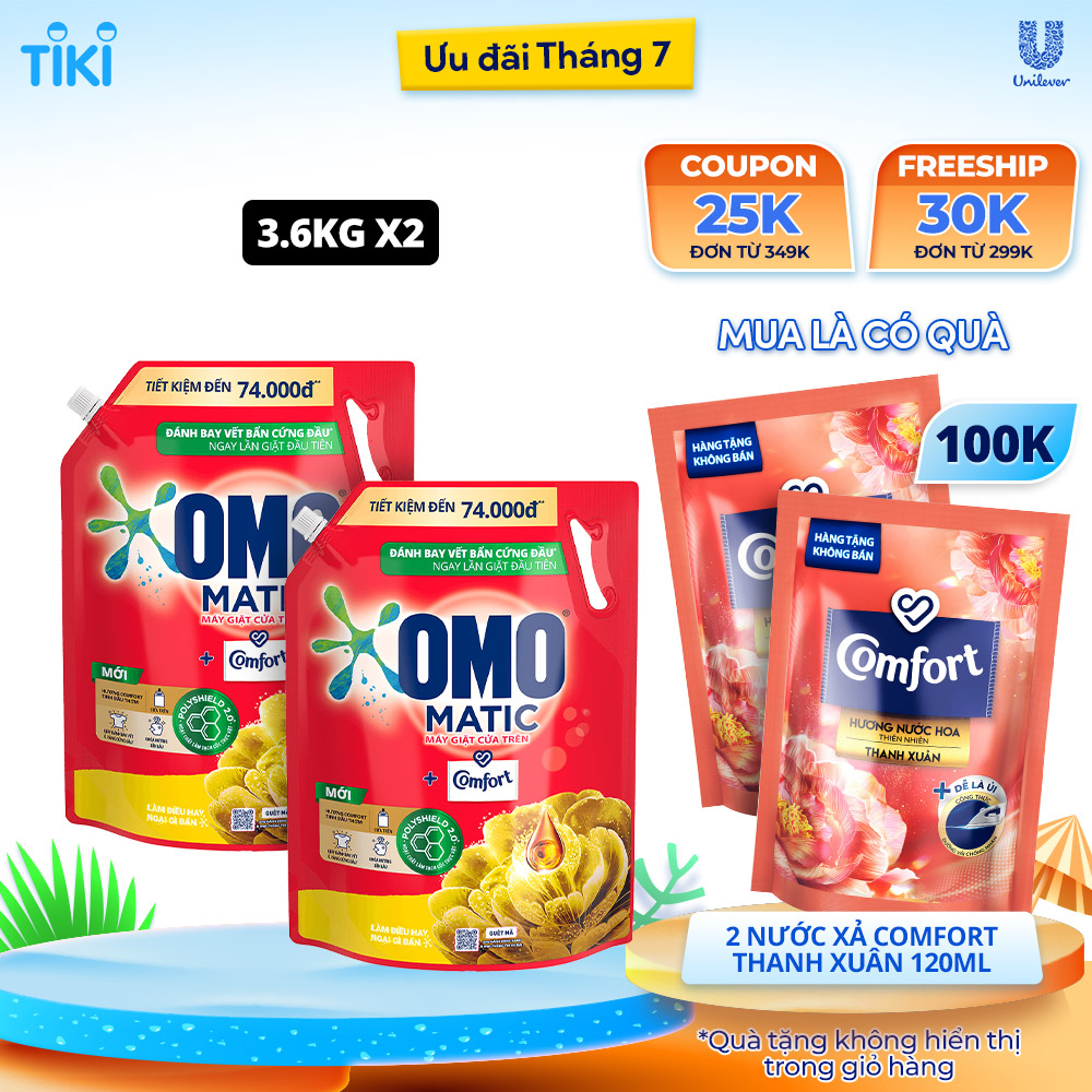 Combo 2 Túi Nước Giặt Omo Matic Máy Giặt Cửa Trên Hương Comfort Tinh Dầu Thơm Xoáy Bay Vết Bẩn Thơm Bền Lâu 3.6Kg + 2 Nước Xả Comfort 120ml Ngẫu Nhiên