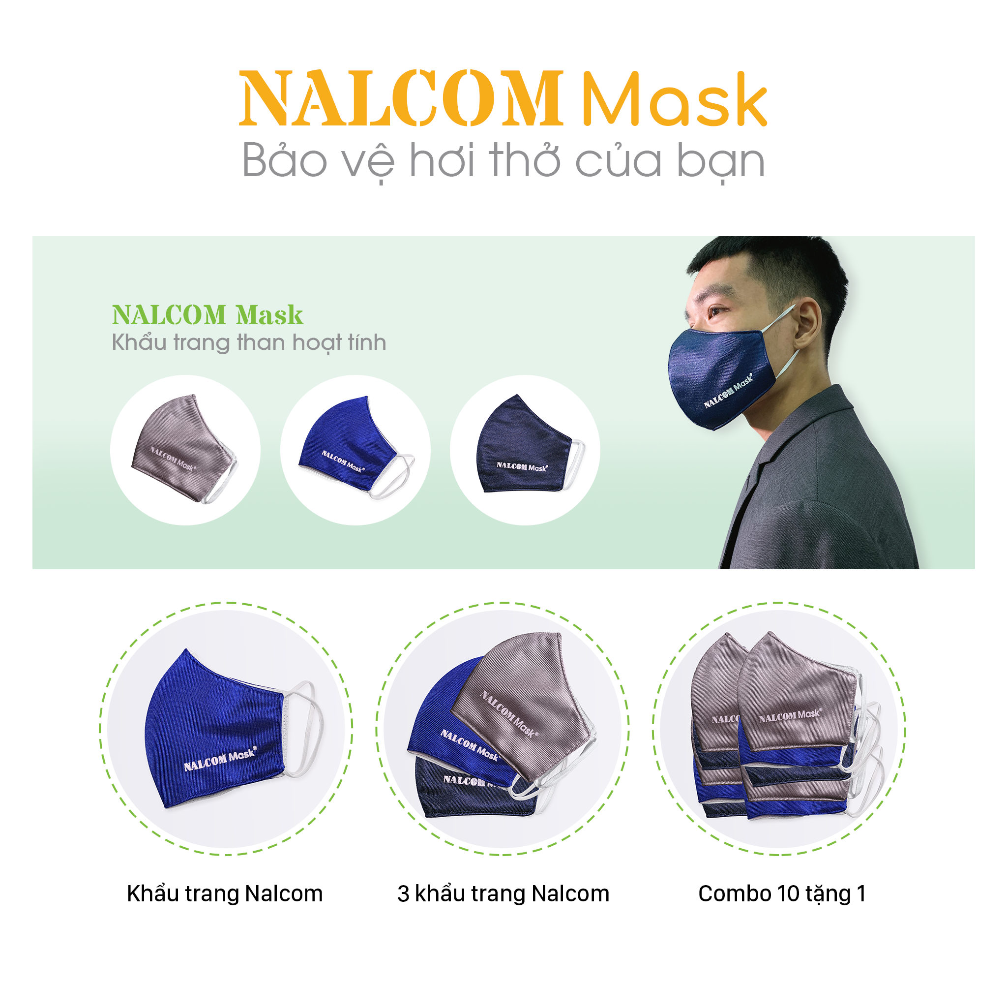 COMBO 3 CÁI - KHẨU TRANG THAN HOẠT TÍNH NALCOM MASK 4 LỚP KHÁNG KHUẨN CHỐNG BỤI CHỐNG NẮNG