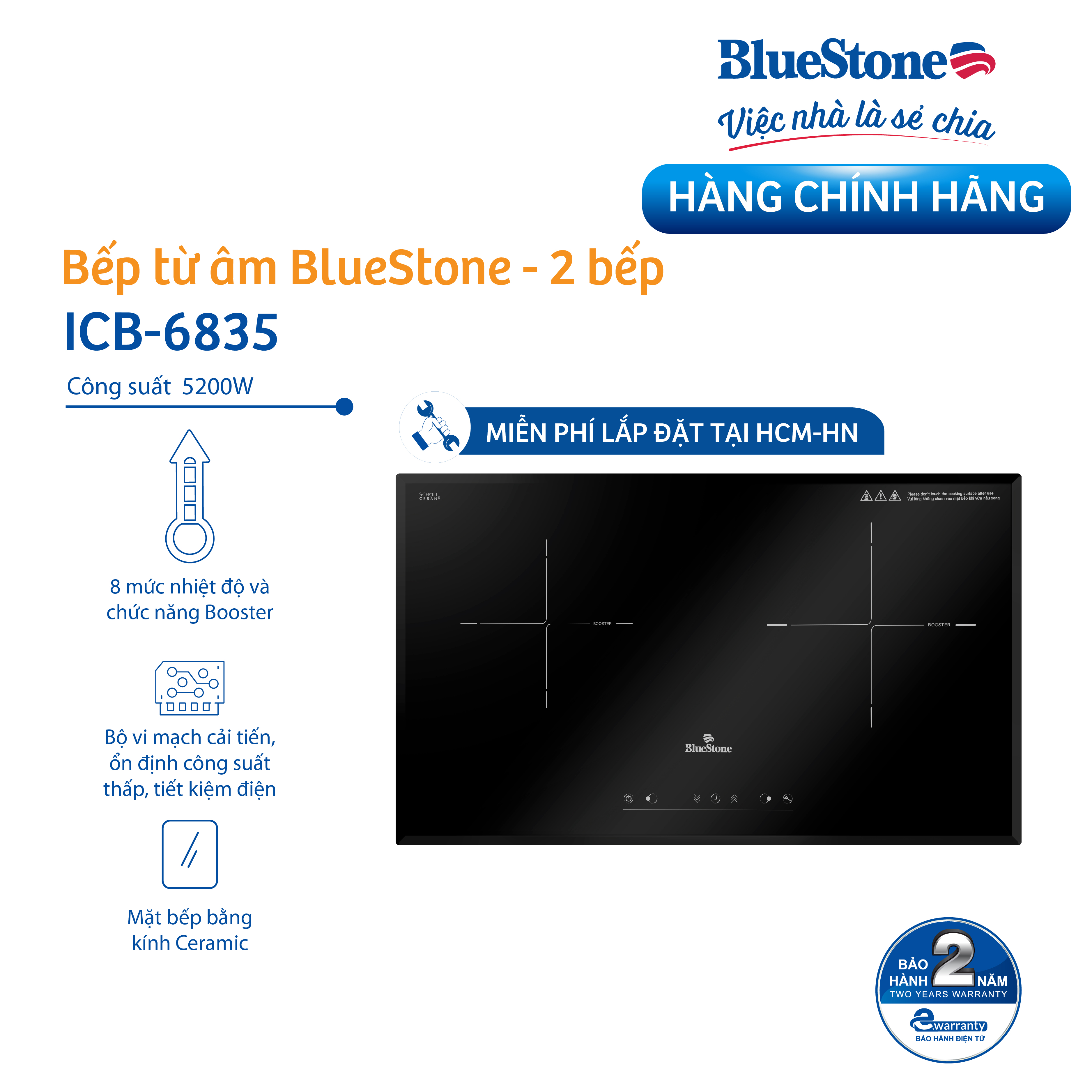 Bếp Âm Từ Đôi Bluestone ICB-6835 (5200W) - Hàng Chính Hãng