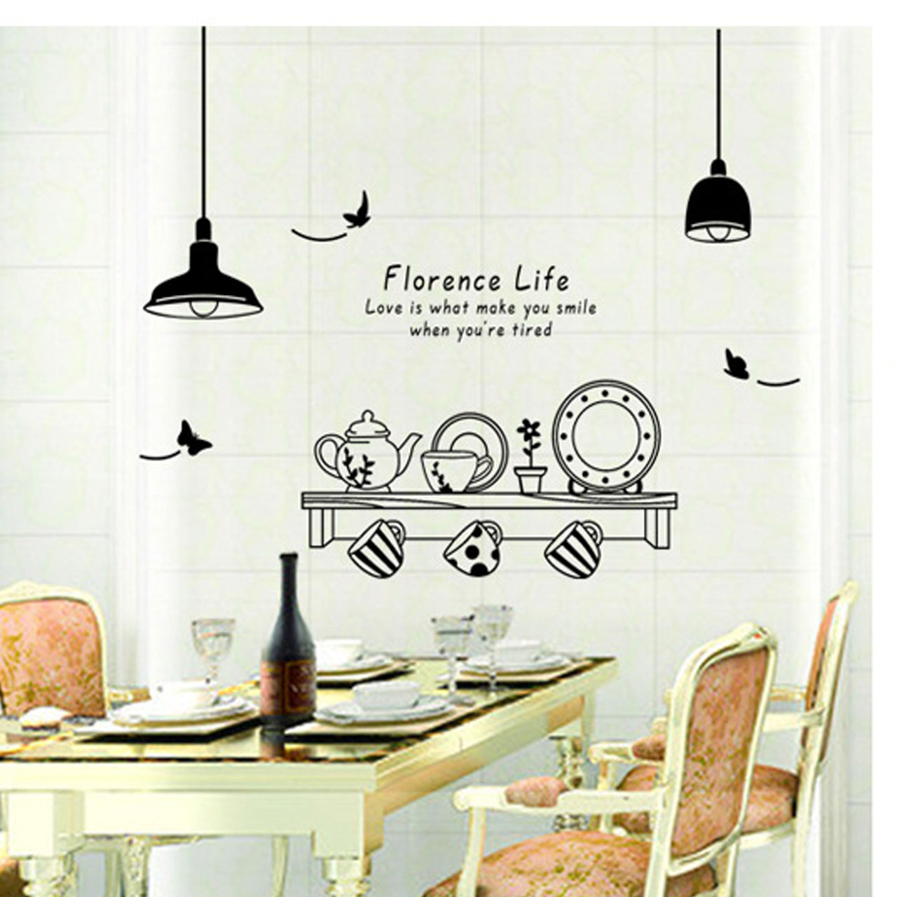 Decal dán tường trang trí phòng bếp- Kệ bếp và ấm chén- mã sp AY9138