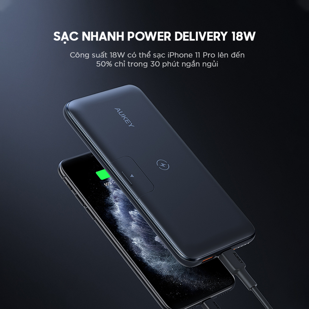 Sạc Dự Phòng Aukey PB-WL02 10.000 mAh, Sạc Nhanh PD 18W, QC 3.0, Sạc Không Dây Qi 10W, Tích Hợp Giá Đỡ - Hàng Chính Hãng