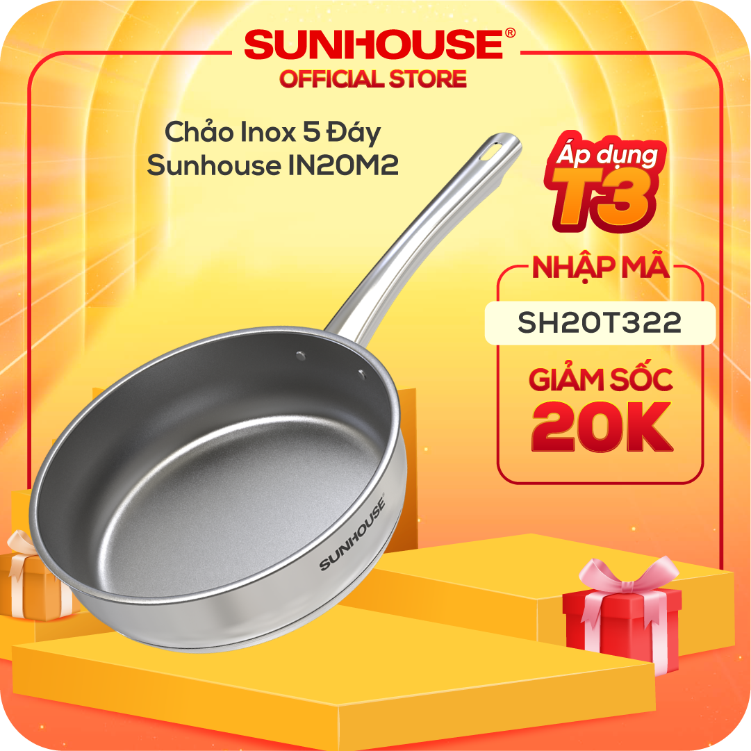 Chảo Inox cao cấp 5 Đáy chống dính siêu bền Sunhouse IN20M2 - 20 cm - Dùng trên mọi loại bếp - Hàng chính hãng