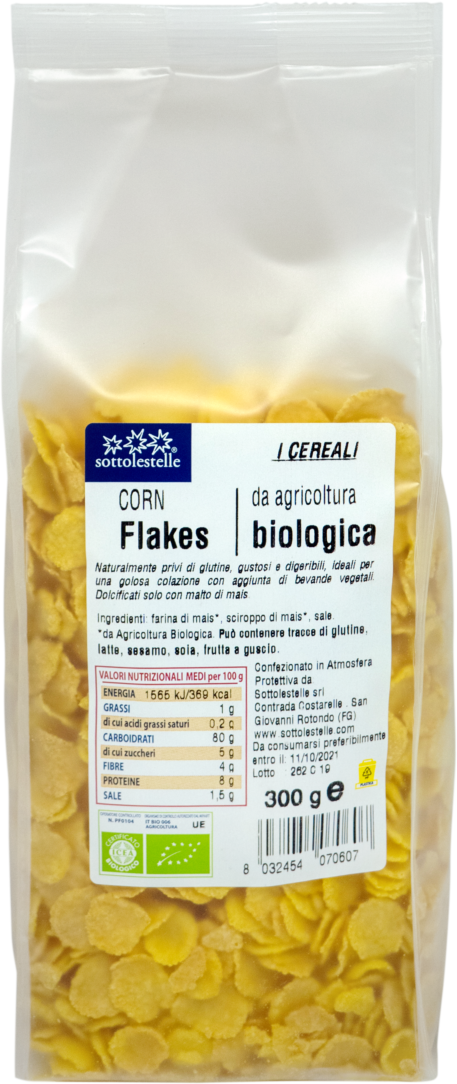 Ngũ cốc hữu cơ bắp ngô cán dẹp Sottolestelle 300g Organic Corn Flakes